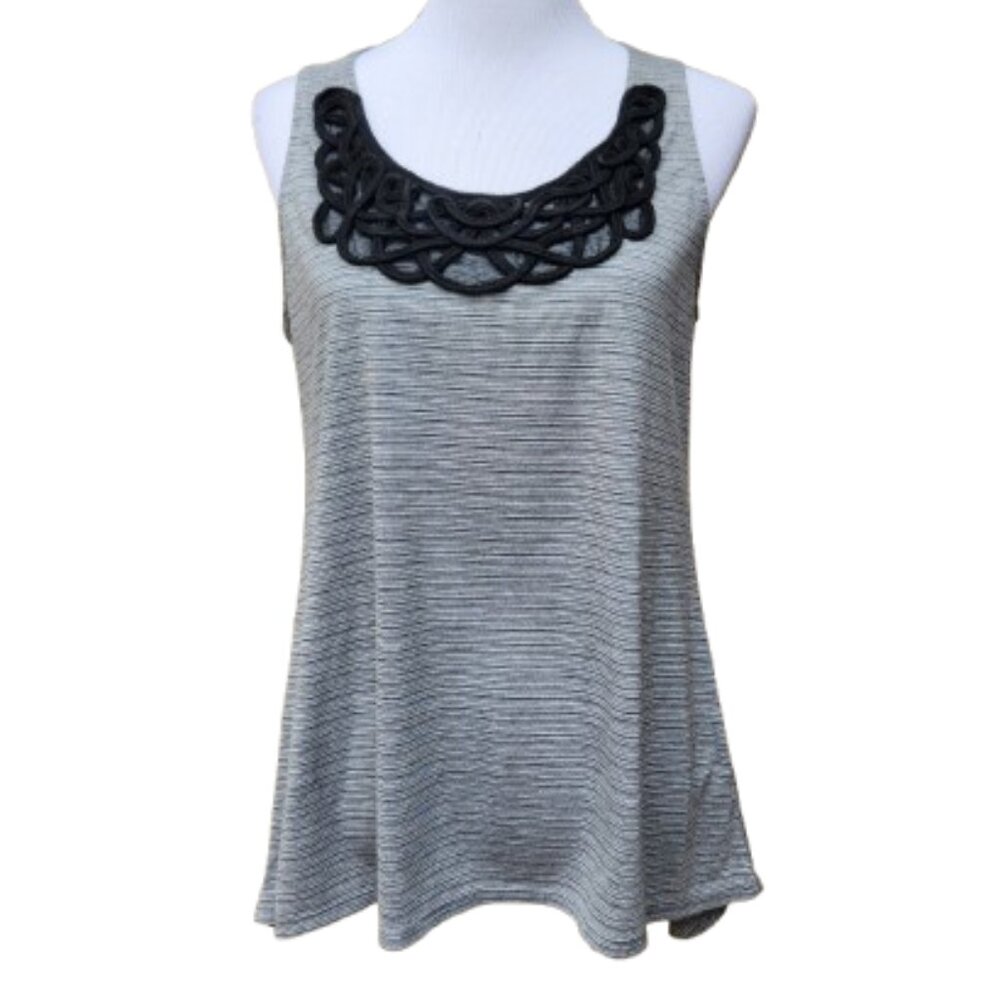 Moon & Sky Gray Striped Swing Tank Top Black Applique Neckline Blouse Hi-Lo